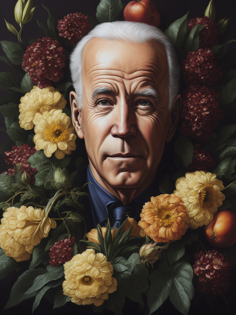 a painting of Joe Biden head surrounded by flowers and fruit, Painting, Oil, Still Life, Botanical, Italy, style of Giuseppe Arcimboldo