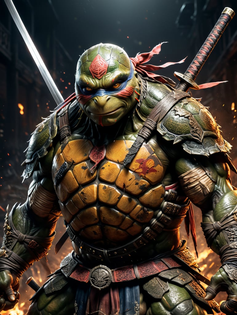 Ripped ninja turtle with samurai swords in hands