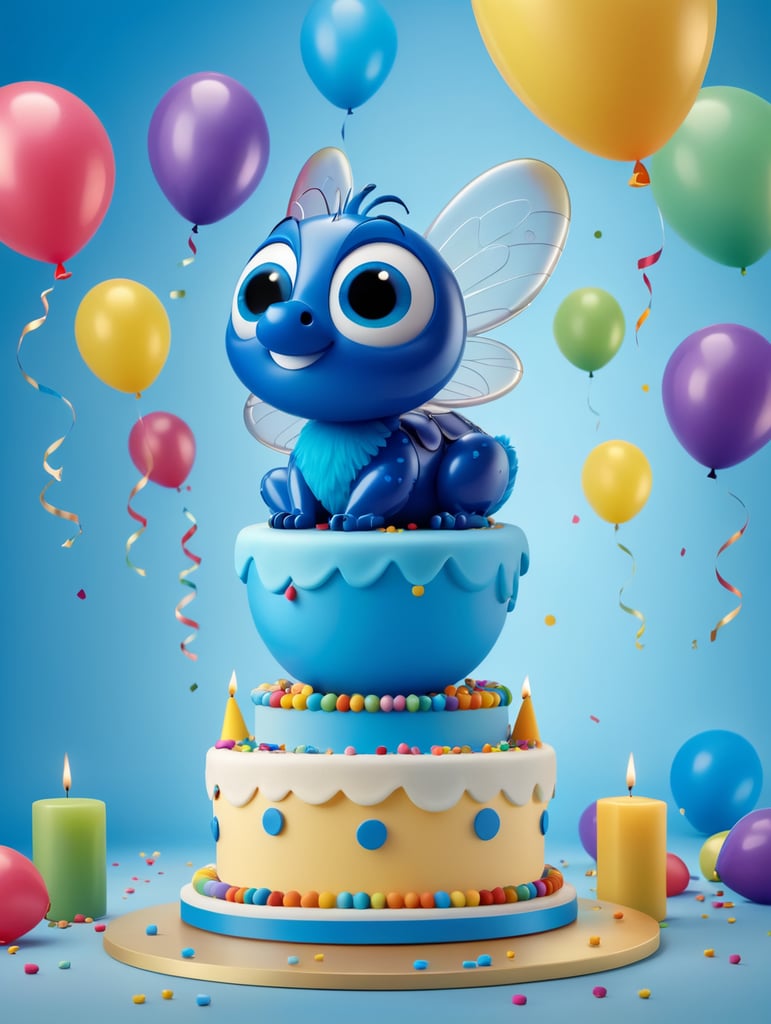 Create a vibrant and playful 3D cartoon-style image featuring a cheerful blue fly and a delightful birthday cake. Place the blue fly in the foreground, hovering just above the birthday cake, with a joyful and animated expression on its face. The birthday cake should be a multi-tiered confection, decorated with vibrant frosting, colorful candles, and sprinkles. Surround the scene with floating balloons, confetti, and party hats to create a festive atmosphere. Use bright shades of blue for the fly and incorporate a rainbow of colors in the cake's decorations. Ensure that the scene is well-lit with warm, inviting lighting and set it against a backdrop of a cheerful party environment, complete with balloons and streamers