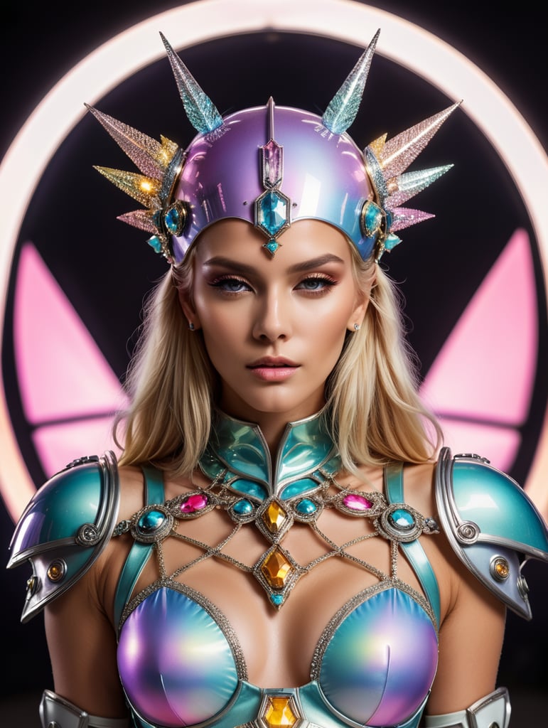 A beautiful full body blonde female pop artist all pastel sleek futuristic outfit, with huge headpiece center piece, clean makeup, with depth of field, fantastical edgy and regal themed outfit, captured in vivid colors, embodying the essence of fantasy, minimalist