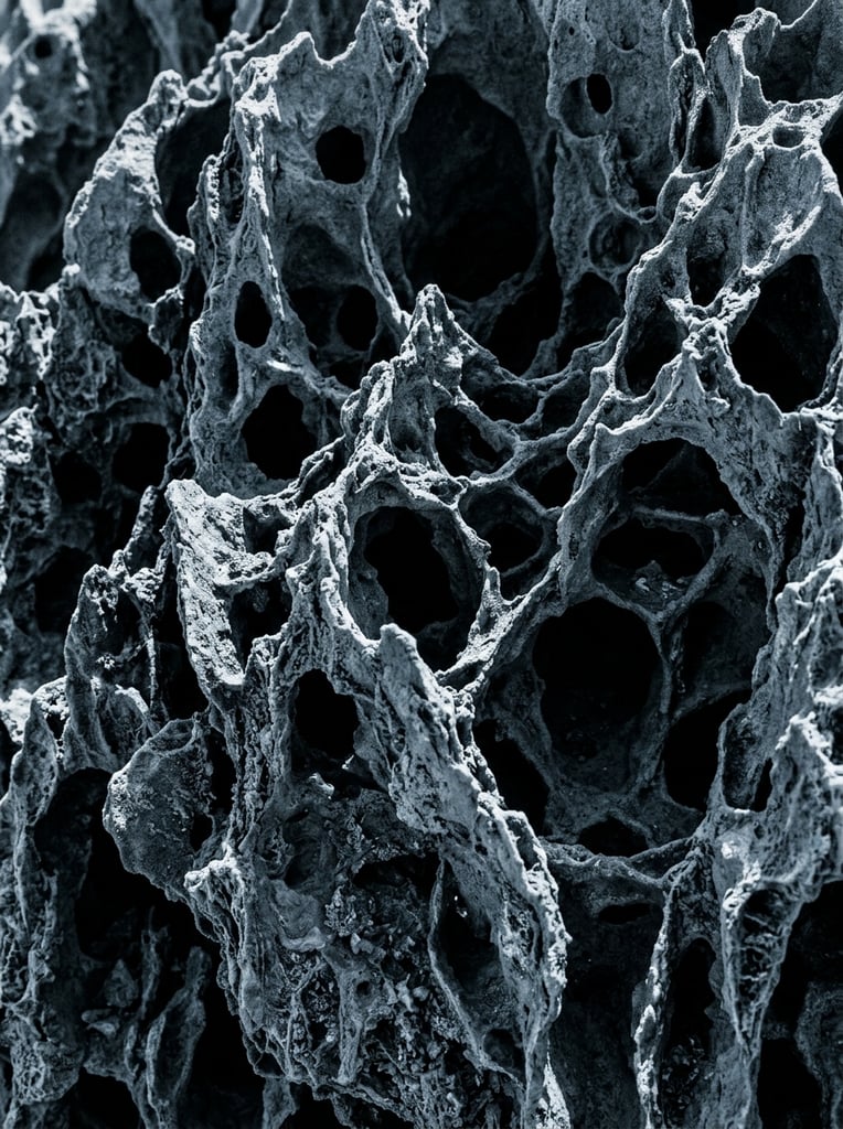 A close-up view of heavily eroded rock featuring a dense network of deep irregular cavities and thin jagged ridges. The sponge-like geological formation fills the frame under stark directional lighting, casting deep black shadows into the hollow craters. A monochromatic bluish-grey palette enhances the extreme contrast between the illuminated skeletal edges and the pitch-black recesses, capturing a dramatic macro aesthetic.