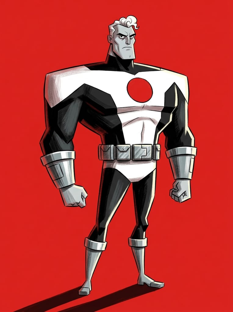 A highly stylized digital illustration of a commanding man with extremely exaggerated, geometric proportions standing rigidly against a solid, vibrant red background. The figure features a massive, blocky chest tapering dramatically to a microscopic waist and needle-thin legs. His exceptionally tiny head has a sharp, angular jawline, a stern gaze, and a small tuft of curly white hair. He wears a sleek black and white bodysuit adorned with a bold red circular emblem on the chest, a thick silver metallic belt, and silver wrist gauntlets. His pale grey skin contrasts with the stark uniform as he poses stoically with one clenched fist. Strong directional light illuminates him from the right, casting a long, sharp dark shadow to the lower left, emphasizing the retro-futuristic, mid-century modern animation aesthetic characterized by hard-edged geometric shapes and textured, painterly shading.