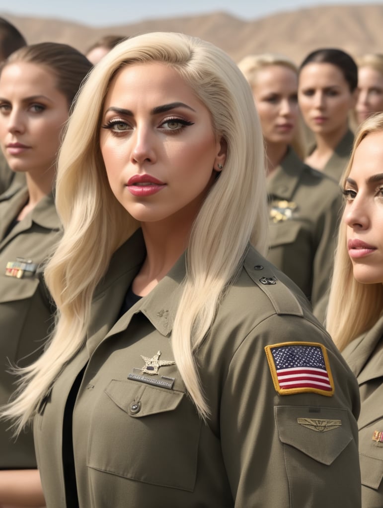 Beautiful Lady Gaga blonde hair in a desert military base with group of Military wives hd hdr photorealistic