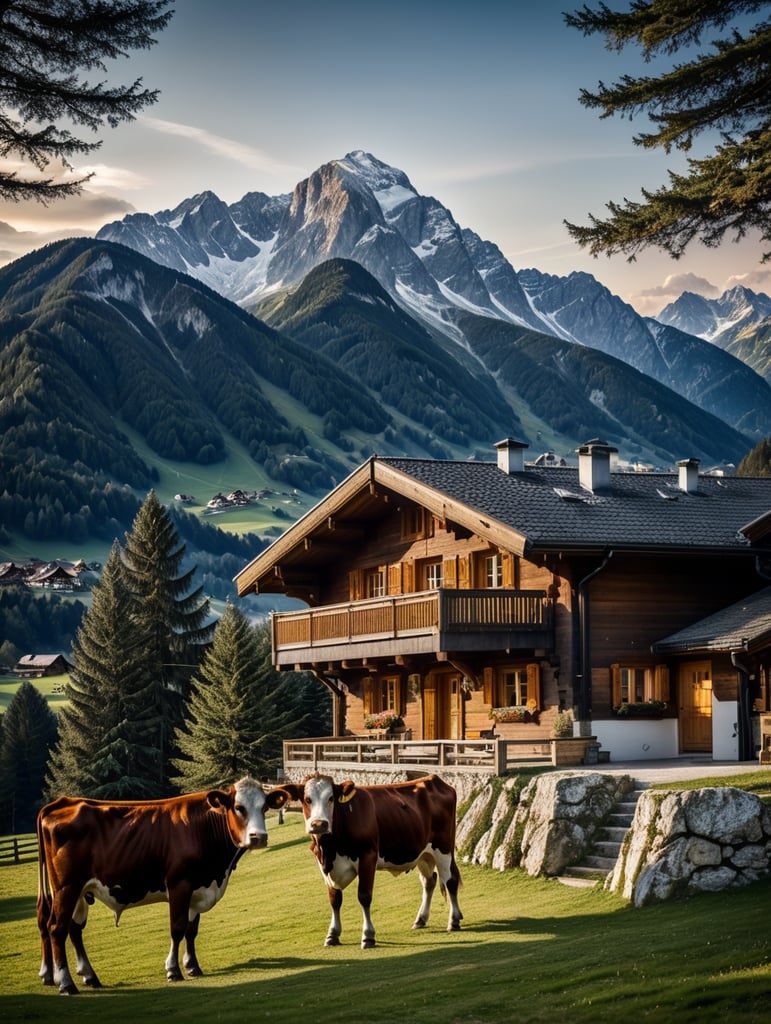 Mountain Austrian chalet, modern, Tyrol, cows, poster style