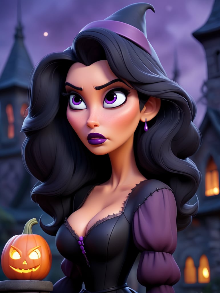 Portrait of Kim Kardashian in a witch costume for Halloween, scary dark makeup on her face, gloomy dark atmosphere, vintage 70s style, purple, pink and black colors, high detail photo, professional photo, against the backdrop of an old creepy castle, contrasting light, bright colors, deep dark atmosphere