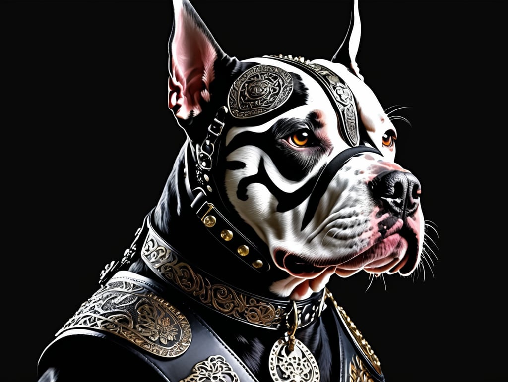 Pitbull with Samurai helmet and tribal harness, peak colar on a dark background