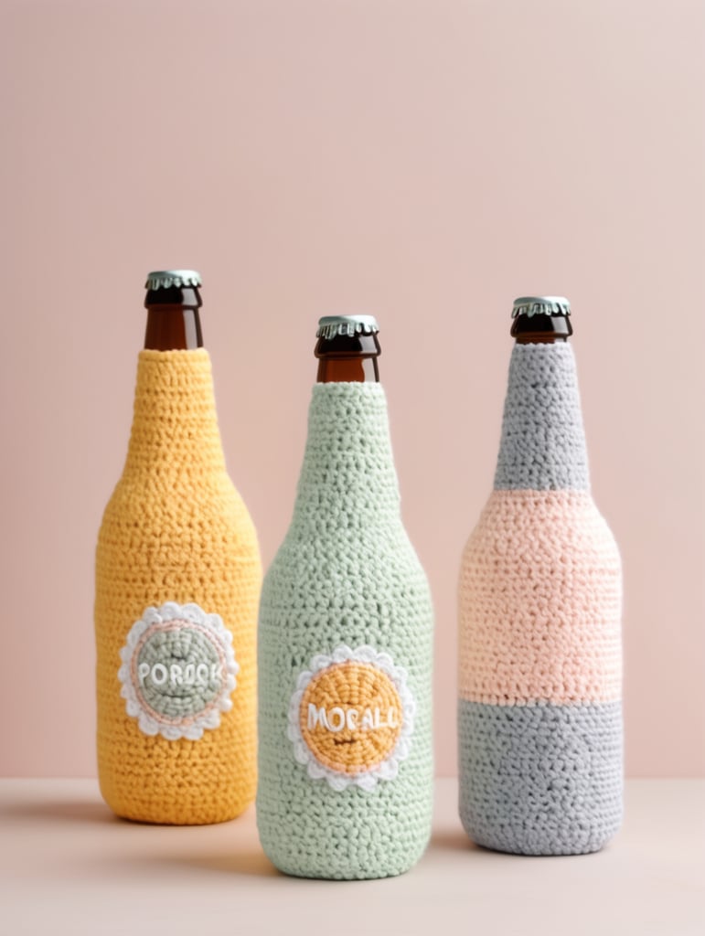 crochet beer bottle cute pastel colours, mockup, mock up