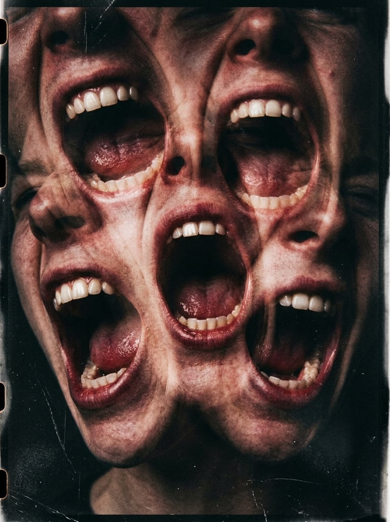 multiple overlapping exposures of screaming human mouths, wide open lips and teeth, chaotic motion blur, surreal abstract portrait, fleshy crimson tones, dark moody atmosphere, heavy film grain, high contrast