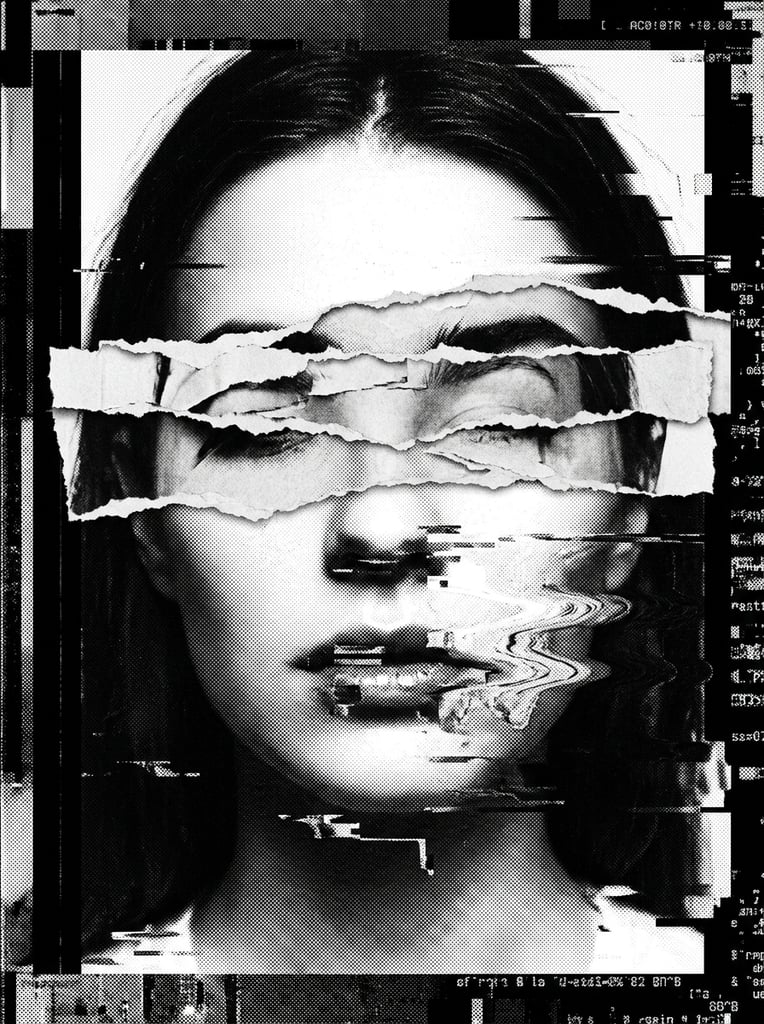 A monochrome portrait of a woman's face with torn paper covering her eyes, heavily warped by severe digital glitch distortion. Fluid, wavy deformations stretch horizontally across the frame, warping her facial features and the jagged edges of the paper. The aesthetic is strictly black-and-white with extreme contrast between pure darks and bright highlights. Dense static noise, granular halftone textures, and scanner-like pixelation disrupt the visual field, framed by heavily banded, corrupted borders.