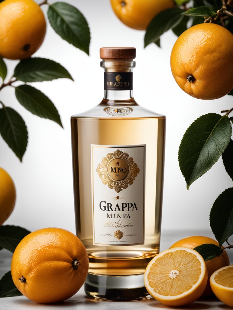 Packaging and branding for a Italian grappa under the brand Mino. The design should be classic yet with a modern touch. Bottle should be placed at a table with traditional italian food.