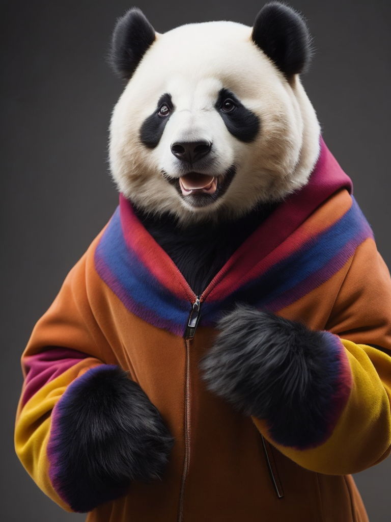 Portrait of a panda dressed in a colorful oversized jacket, Vivid saturated colors, Contrast color, studio photo, professional photo, Rich colors, Detailed image, detailed face