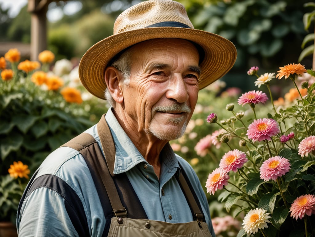 Happy elderly man gardener in straw hat looking at flowers in his garden