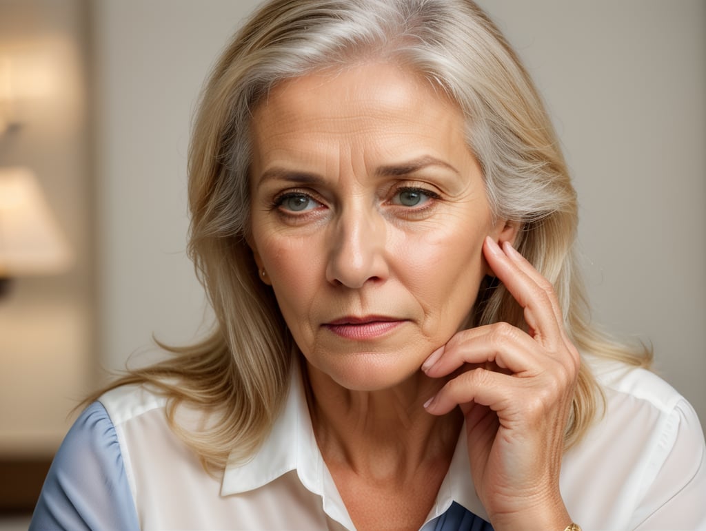 Blonde middle aged woman ponders on something keeps hand near face, white hair, white blouse, mature women, pretty old women, isolated, white background