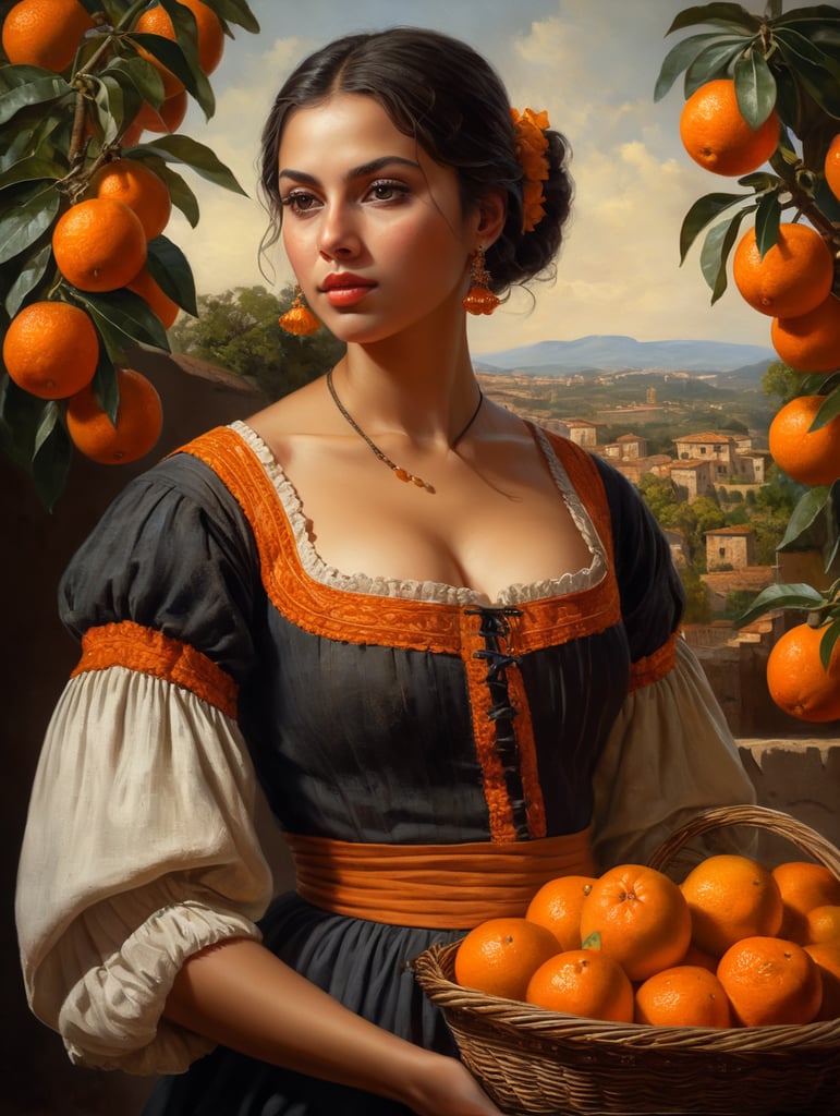 Oil painting on canvas. Portrait of a young, dark and beautiful Italian girl growing oranges from Sicily in 17th century Italian folk peasant clothing with a plunging neckline and full breasts, dramatic lighting, depth of field, orange trees in the background. Oranges should have a beautiful, even structure. Incredibly high detail holding fresh oranges in hand