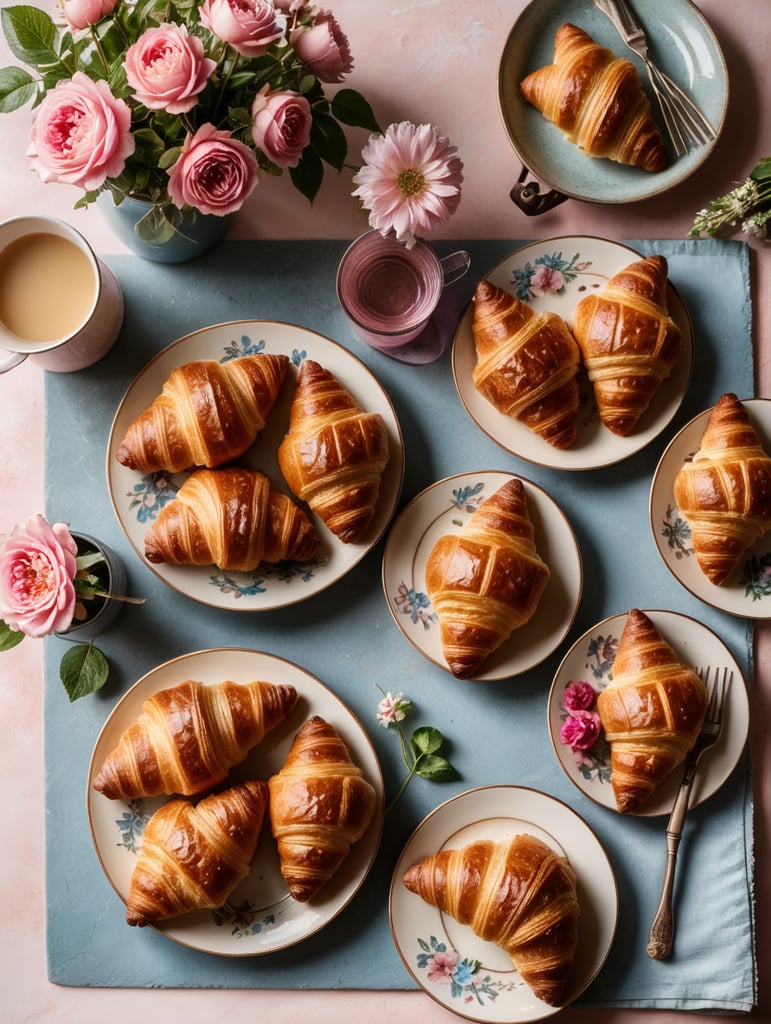 Cookbook photo, top - view, wire cooling rack, croissants, with a floral, allow, banner, pink and pastel blue, farmcore