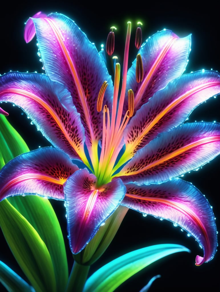 bioluminescent flower Lily, hyper detailed rendering, 4k, magic light, neon watercolours