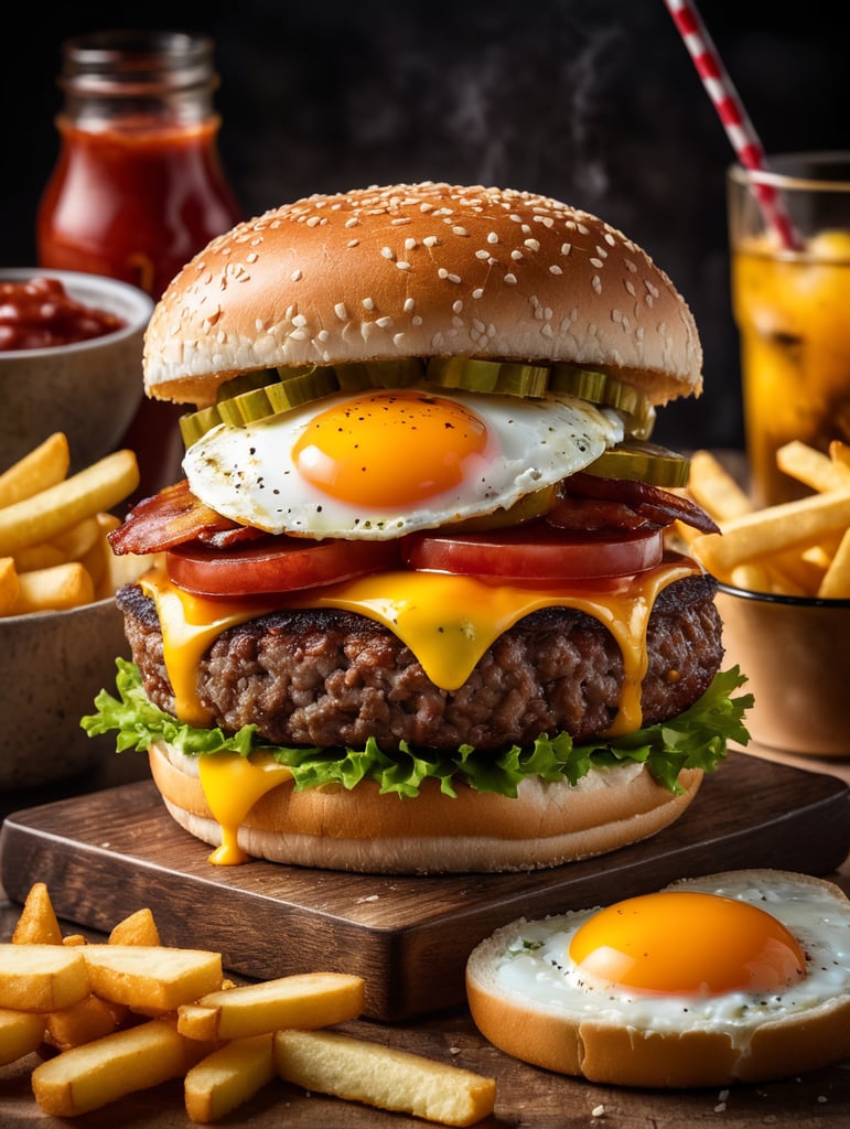 high quality cinematic food explosion hamburger with egg bacon cheese pickles ketchup fries