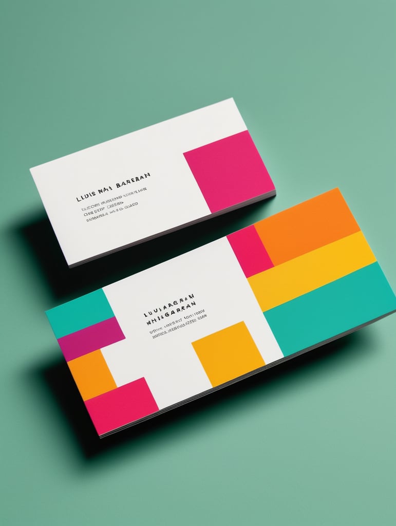 Minimalist matte white business cards on a vibrantly colored design inspired by Luis Barragan, mockup