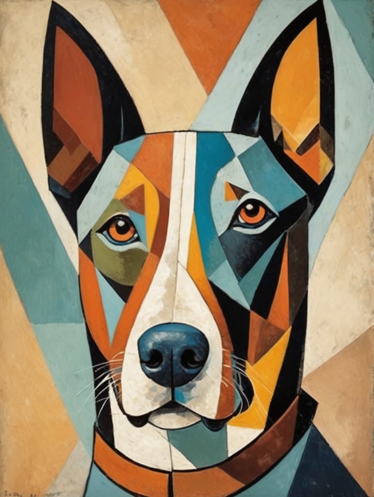 dog's face, pablo picasso, cubism, vibrant colors