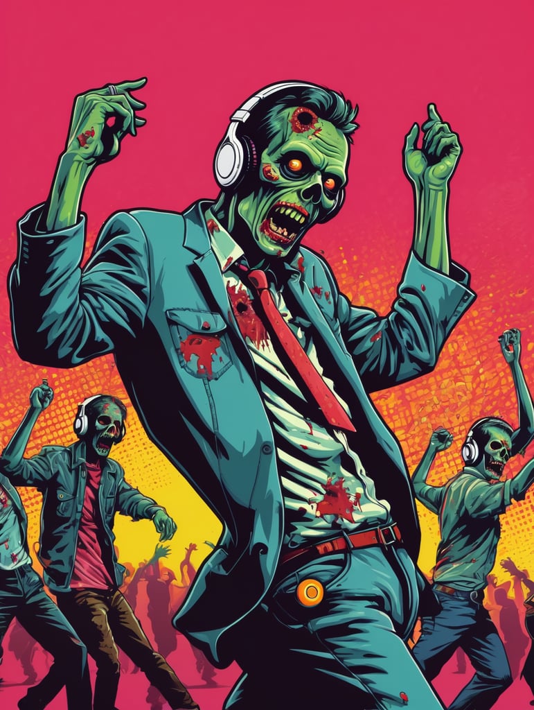 Pop art illustration, sticker, zombie dancing with headphones