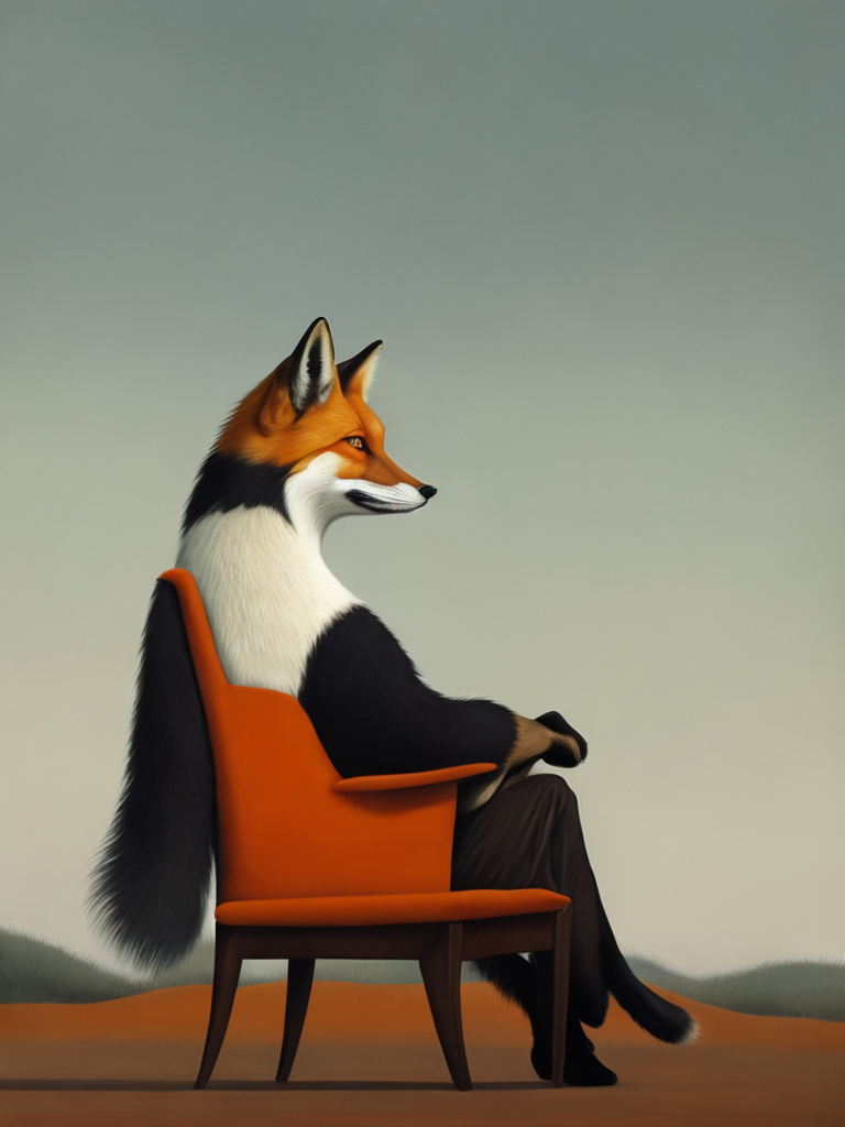 a human fox sitting on a chair looking to the horizon, illustration, painting, china, style of Liu Ye