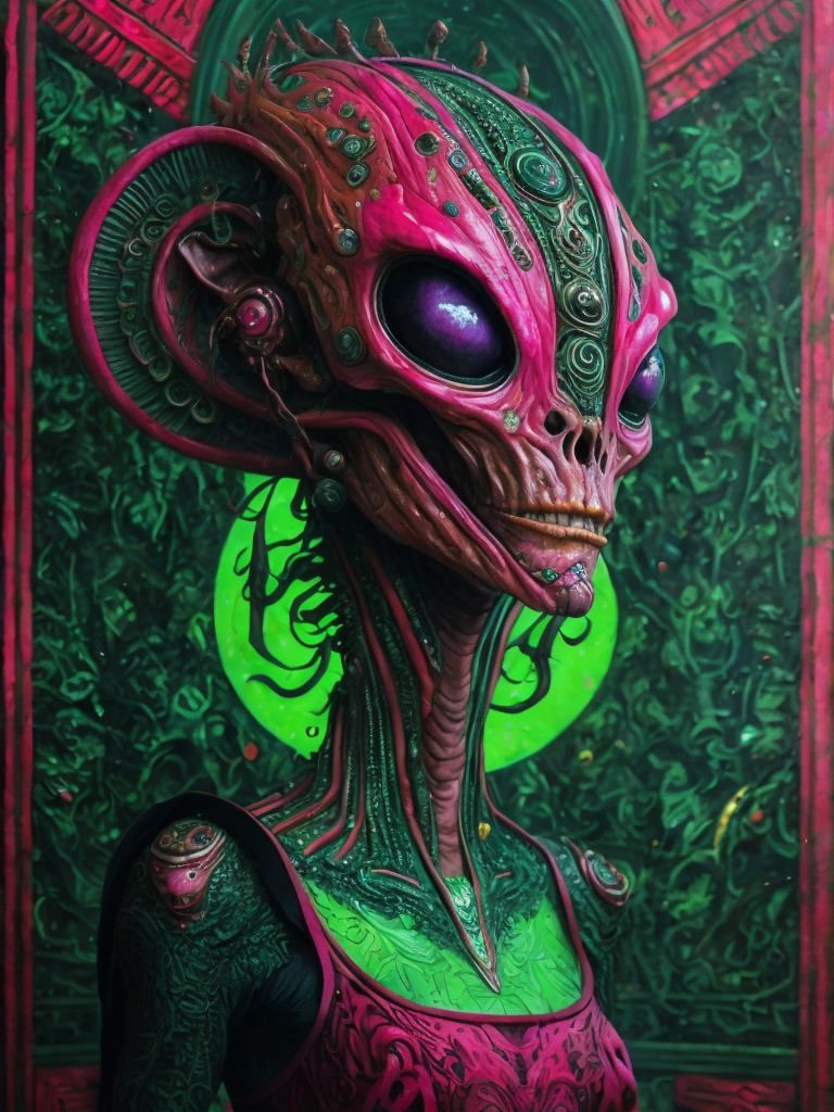 Portrait of an alien, batik, intricate details, surreal, Alien, Cyberpunk Trashcore Style, green crumson and pink, s 1000