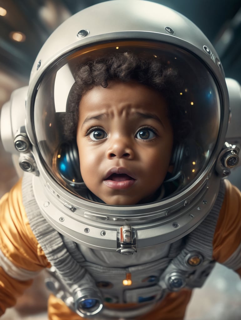 a child in a space suit with a surprised look on his face, a photocopy by Stokely Webster, featured on cgsociety, afrofuturism, sense of awe, uhd image, behance hd