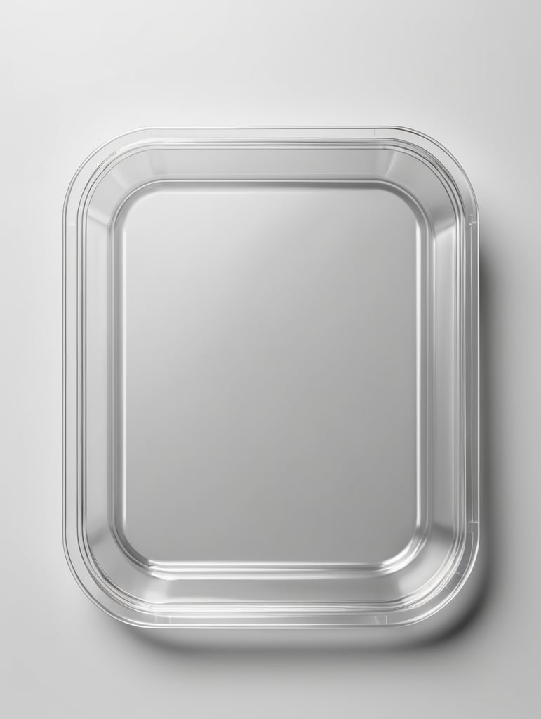 empty transparent plastic tray covered transparent plastic film top view, isolated, mockup