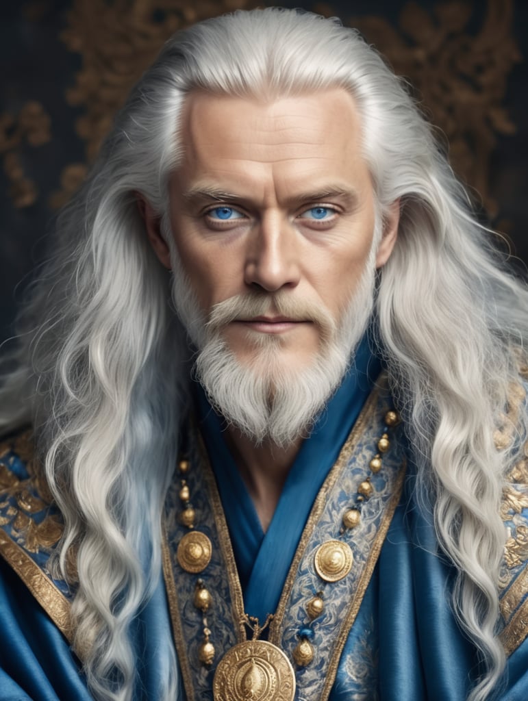 pale middle age man with long white hair and pale blue eyes. Rich blue robe with golden decorations. Ancient times.