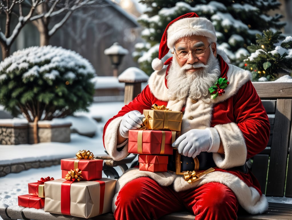 Santa Claus sitting on a snowy bench with presents