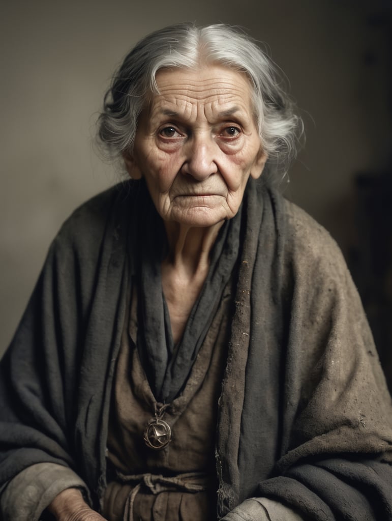 old woman, witch, front-facing portrait,tarnished and dirty clothes