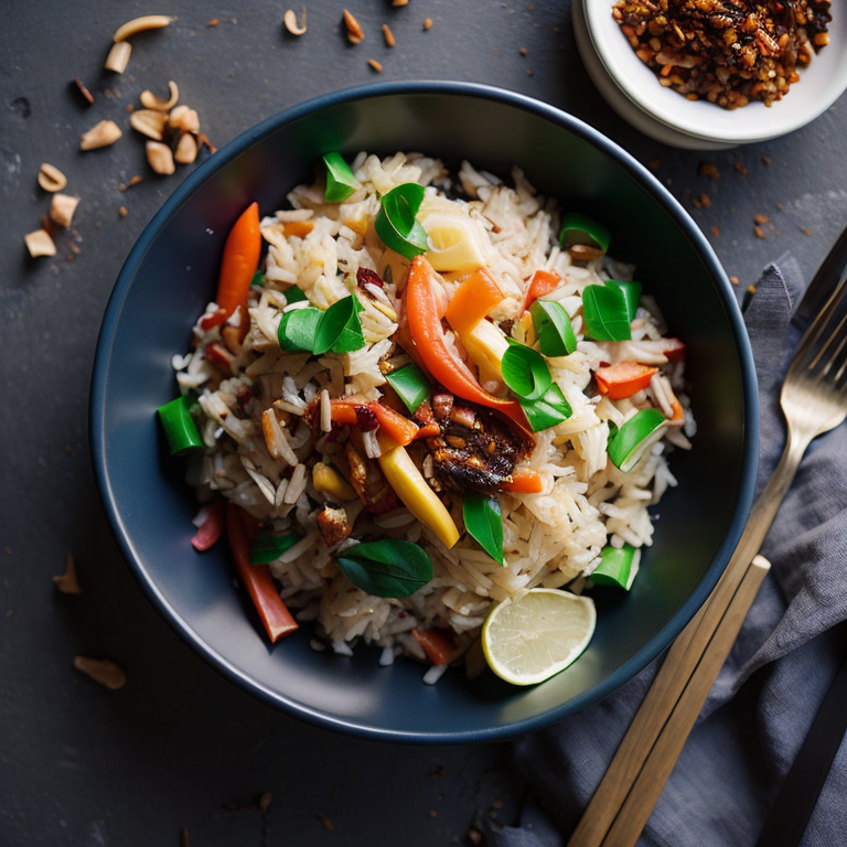 top view, thai style fried rice, shredded chicken, diced carrots, red pepper, green onions, bamboo shoot strips, chilli flakes, ginger, thai basil, unreal engine 5, very realistic, very detailed, realistic photography, 4k, 85 – mm – lens, sharp – focus, intricately – detailed, f 8, ISO 100, shutter – speed 1 125, diffuse – back – lighting, award – winning photograph, elle, small – catchlight, low – contrast, High – sharpness, depth – of – field, ultra – detailed photography, raytraced, global illumination