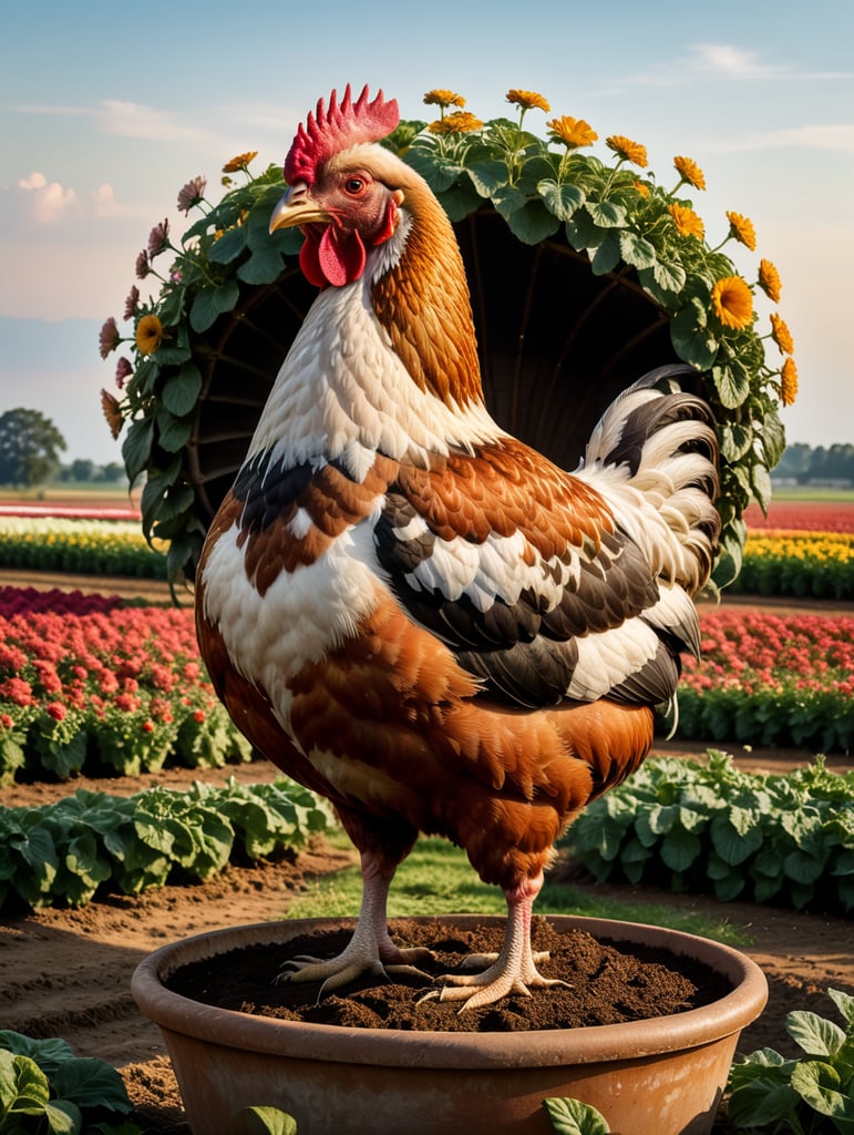 A giant hen stands within a giant flower pot on a farm field.