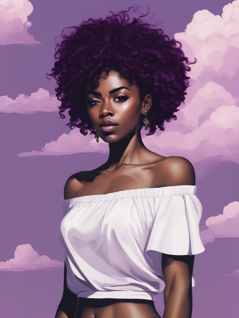 a woman with afro hair and a white shirt is standing in front of a purple sky with clouds and a pink hair, upperbody, midriff, Brom, flat colors, a character portrait, digital art, dark-skinned_female, dark_skin, navel_piercing, off_shoulder, pink_hair, purple_background, sky, long_hair