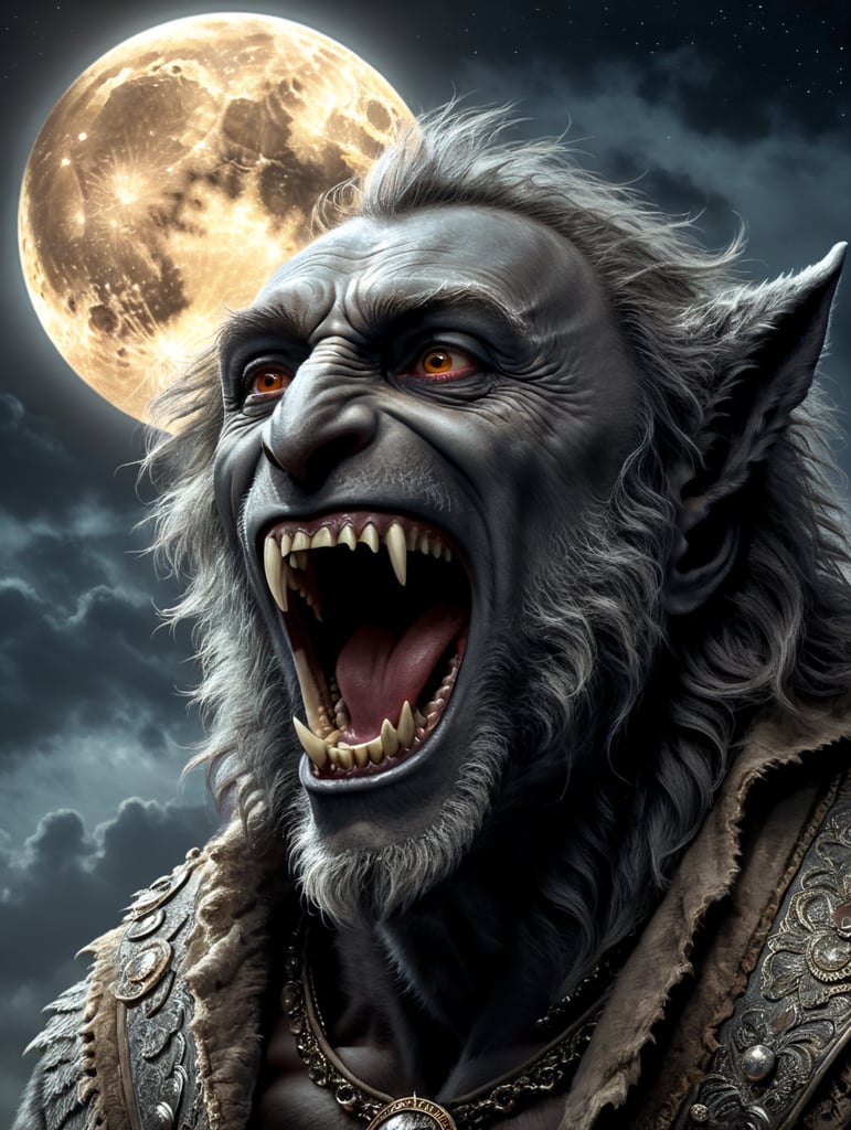 John Lennon from the Beatles disguised as Werewolf howling at a full moon background.