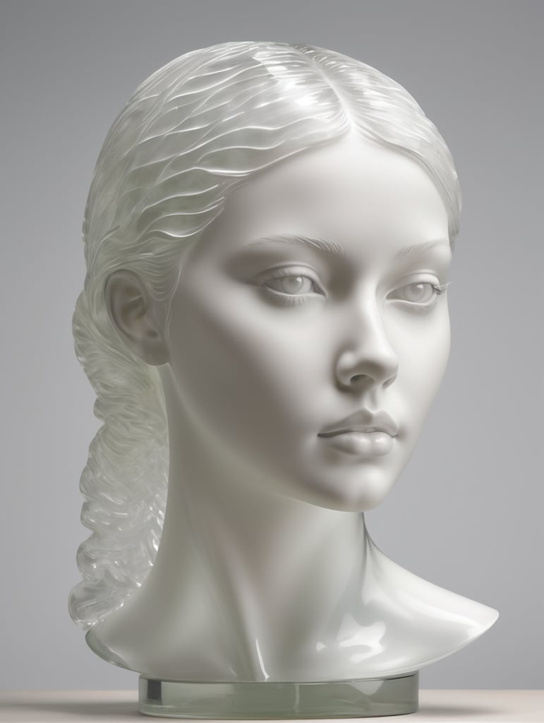 a see-through glasslike transparent matte white sculpture of a beautiful german young woman's head, 3 4 view