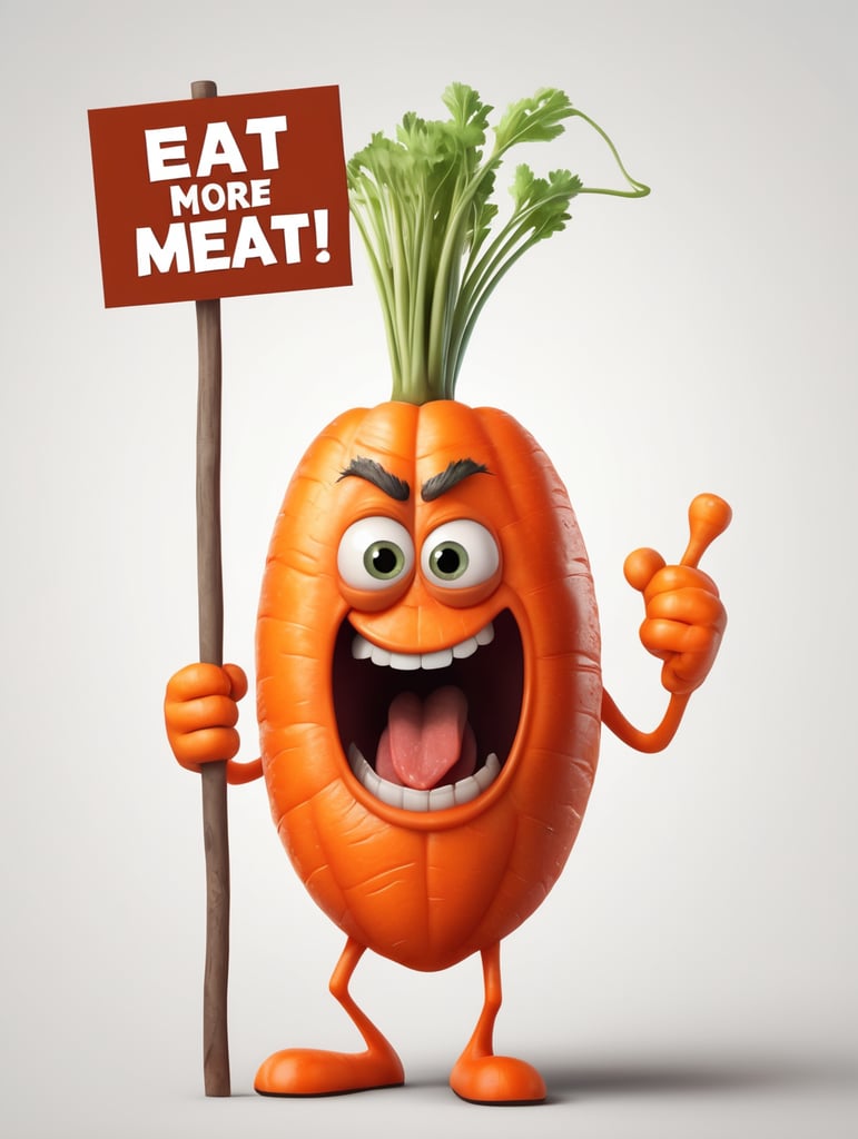 a realistic angry carrot holding a sign "Eat more Meat!", WHITE background, in the pixar style Meat!