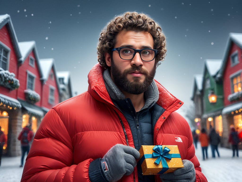 portrait of a bearded curly man wearing red puffer jacket, reeding glasses, stands front camera with gift box his hand, snowy weather, Christmas time, blurry background