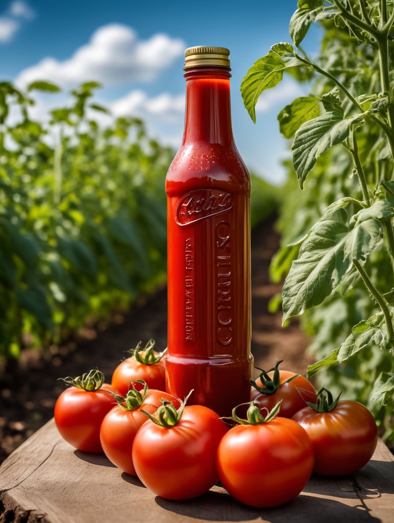 several red tomatoes stacked together forming a ketchup bottle with some leaves around it, beautiful tomato plantation in the background and a blue sky, short grass and yellow flower, creamy light, ambient lighting, beautiful colors