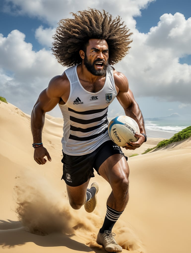 A Fijian warrior with long frizzy, wearing black shorts, clear white vest, rugby boots with long white and black stripe socks,running with a rugby ball in his hand, training at the sand dunes at Sigatoka, Fiji