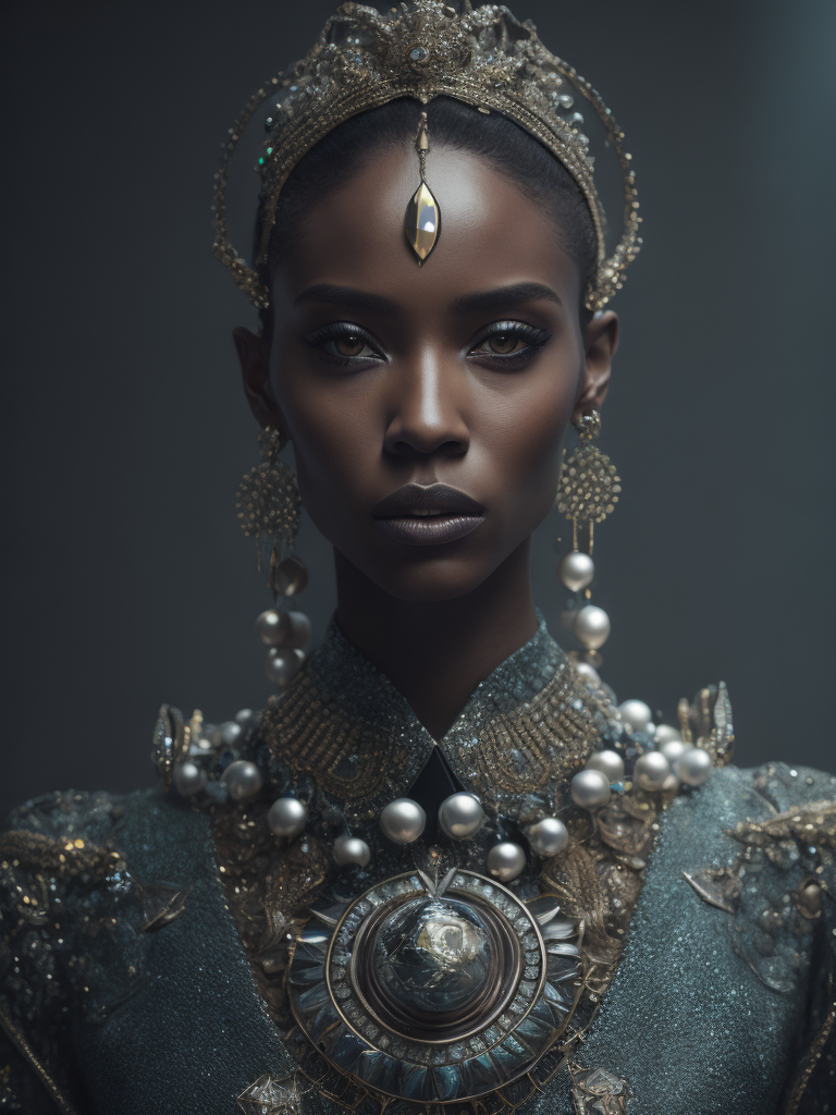 retrofuturistic massive huge jeweled necklace with huge diamonds and jewels on interplanetary interspecies male robot monster, horrific, terrifying, scary, mean. many spirder eyes, huge big jewel encrusted clothing, big pearls, precious gems. The set design is bold geometric patterns photographed by Romina Ressia, film still from wes Anderson, Gucci, Versace, givenchy, medium shot fashion, award winning photography, arty pose, fashion, diaphanous layered ultra haute couture, high definition, high resolution, bold vibrant colors , volumetric lighting, 8k, 3d render