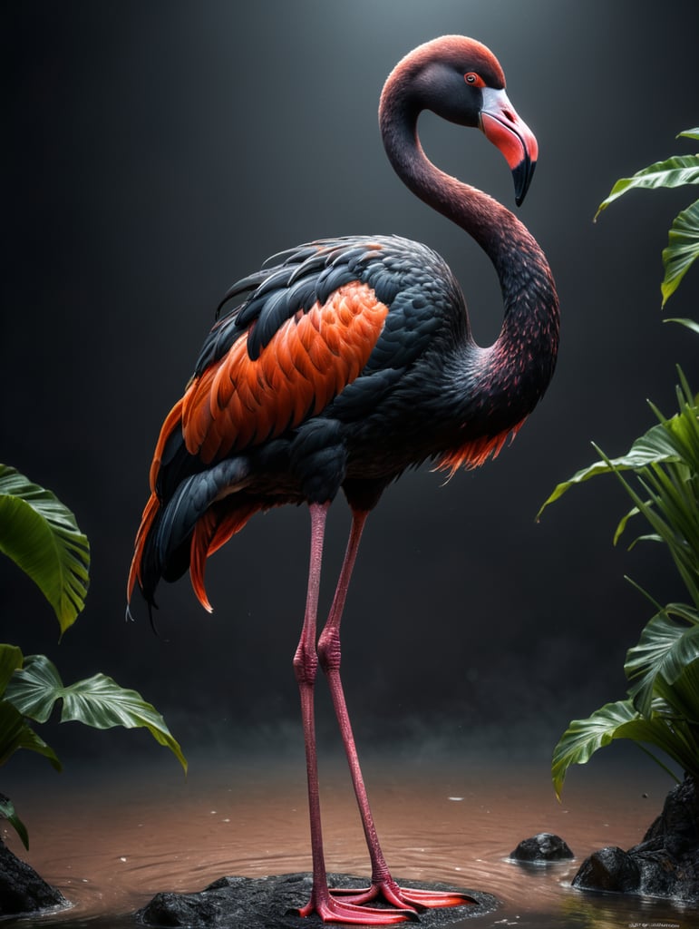 one black flamingo balanced