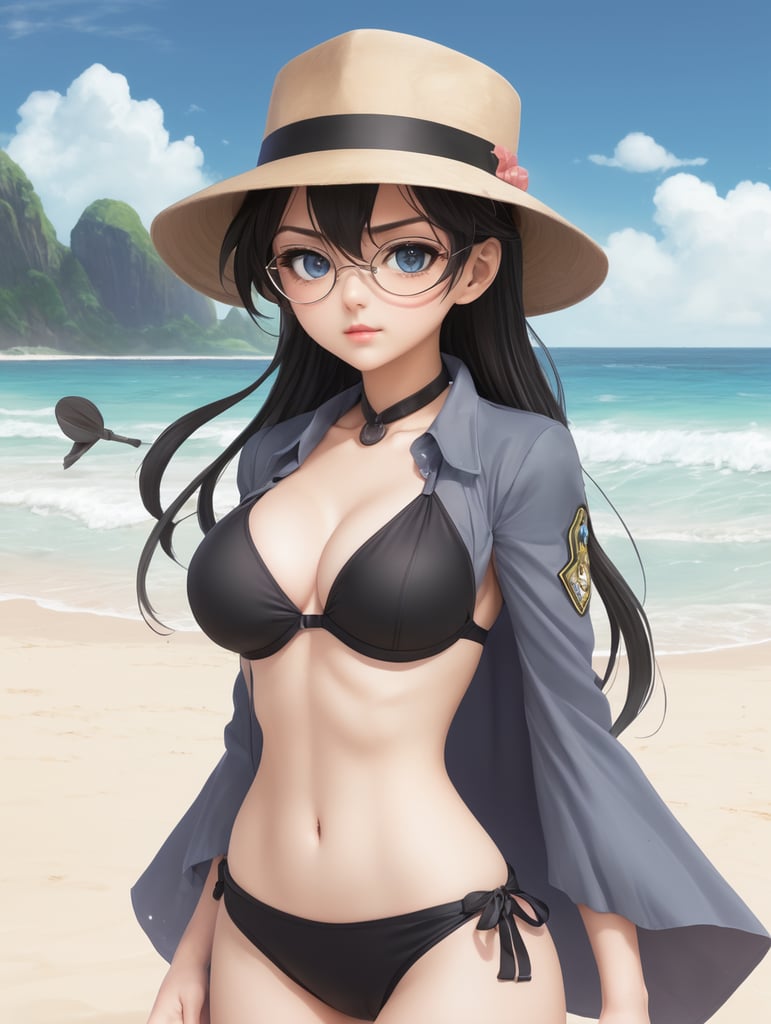 Detective Conan art style, ram, female, anime, wind blows, black hat, holding the hat, beach, swim suit