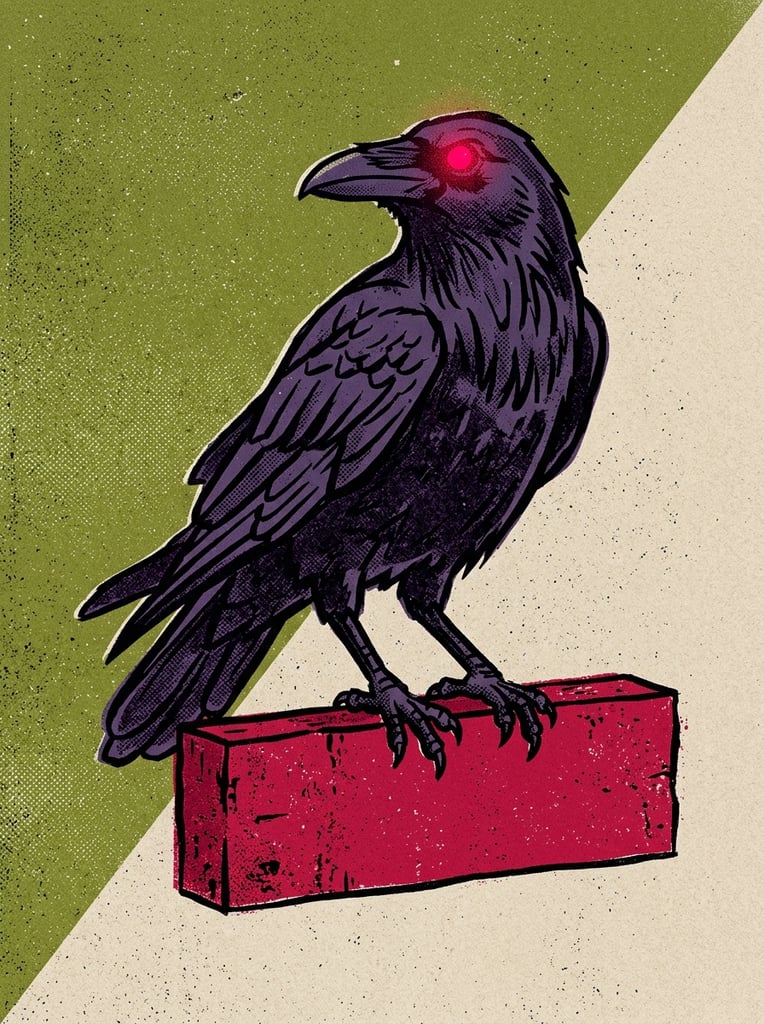 A dark purple raven with a glowing red eye perches on a flat crimson rectangular post. The background splits diagonally into textured olive green and light beige. The graphic illustration features bold color blocking and a heavy, grainy screen-print aesthetic.