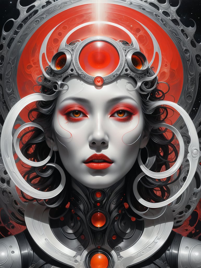 a black and white illustration with abstract space rings and a woman with a halo, in the style of yoshitoshi abe, light red and silver, fluid lines and curves, otherworldly paintings, ritualistic masks, ultrafine detail