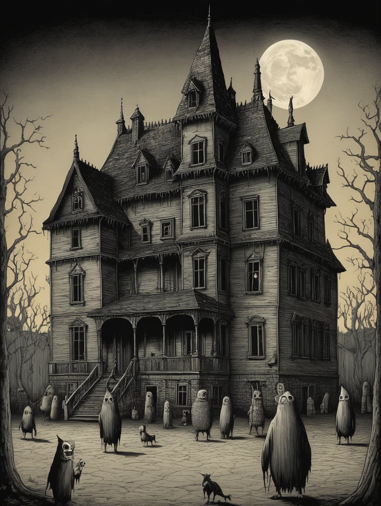 john kenn mortensen style, haunted house full of monsters