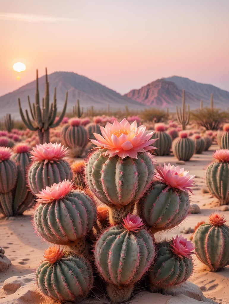 pink cactus in desert with an orange sky, highly detailed, 8k, futuristic, photography