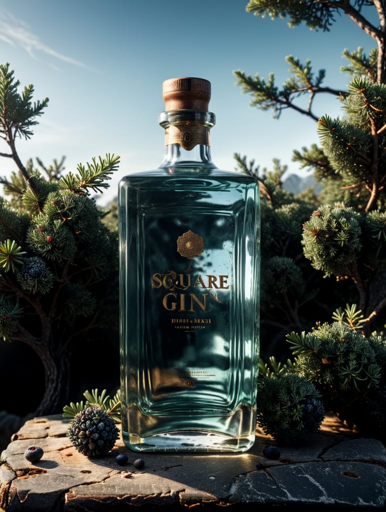 professional photography of a square gin bottle, square bottle, surrounding a juniper and juniper berries, one shot of gin in a front, no label, clear, mockup