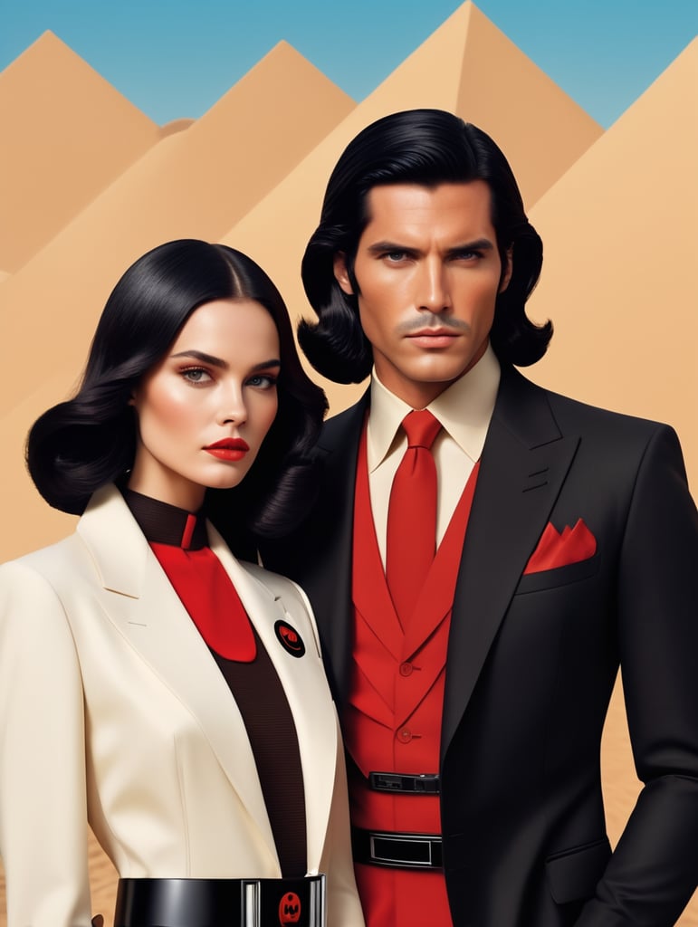 female and male fashion models 70's fashion portrait cover magazine "vogue" luxury vintage retro future sharp theme color wes anderson style Portrait of a woman with black hair, style of star wars giorgio armani suit hugo boss style, black red black sun symbol