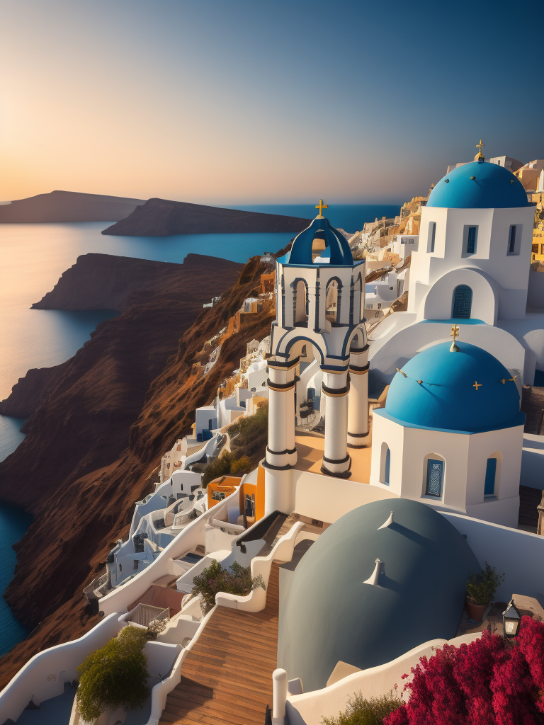 Landscape Greece Santorini, Vibrant colors, High detail, Azure sea, Mountains
